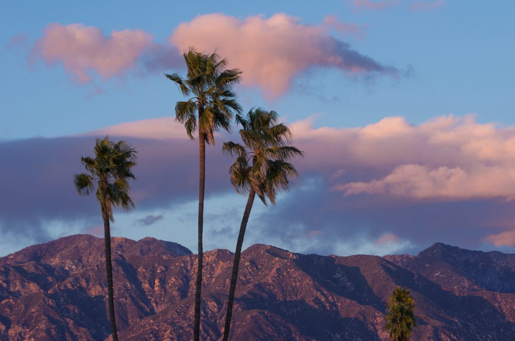 Vibrant background during a rare crisp, breezy afternoon in Pasadena, California. Showing the San Gabriel Mountains in the background